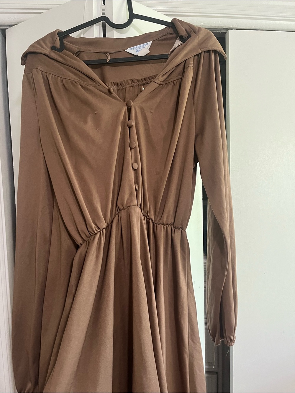 Hooded Brown Long-Sleeve Button-Front Midi Dress